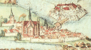 Schwerin 1605, deutlich zu sehen der Glockenturm.